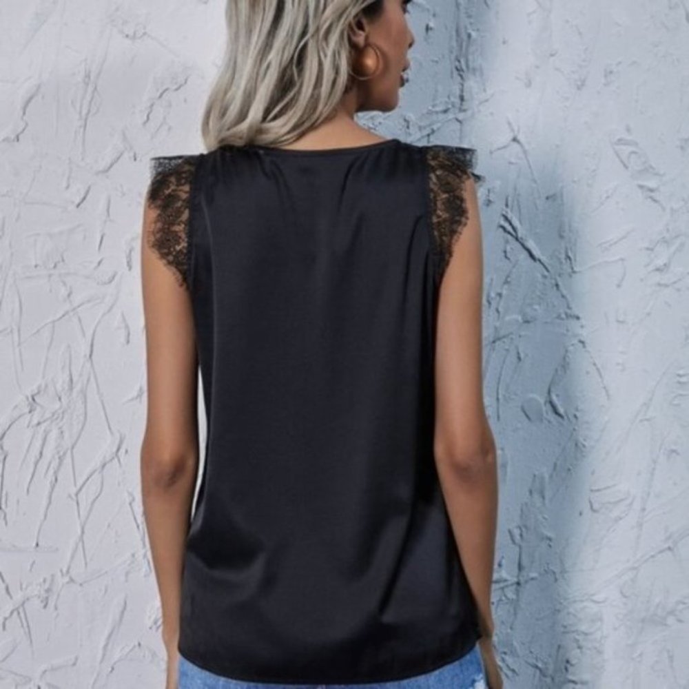 Boho chic Black Eyelash Lace Trim Satin Top - Picture 3 of 4